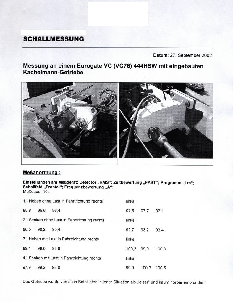 Die Schallmessung zeigt die Ergebnisse eines Krangetriebes mit eingebautem KACHELMANN Getriebe. Die Getriebe wurden von allen Beteiligten in jeder Situation als kaum hörbar empfunden. KACHELMANN GETRIEBE GmbH