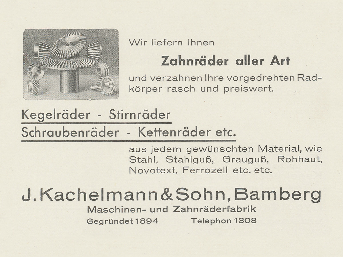 Die Werbepostkarte zeigt eine Werbeanzeige der Firma KACHELMANN GETRIEBE GmbH, die sie in der Nachkriegszeit geschaltet hat. Zu erkennen sind die damaligen Leistungen und Kontaktmöglichkeiten. KACHELMANN GETRIEBE GmbH